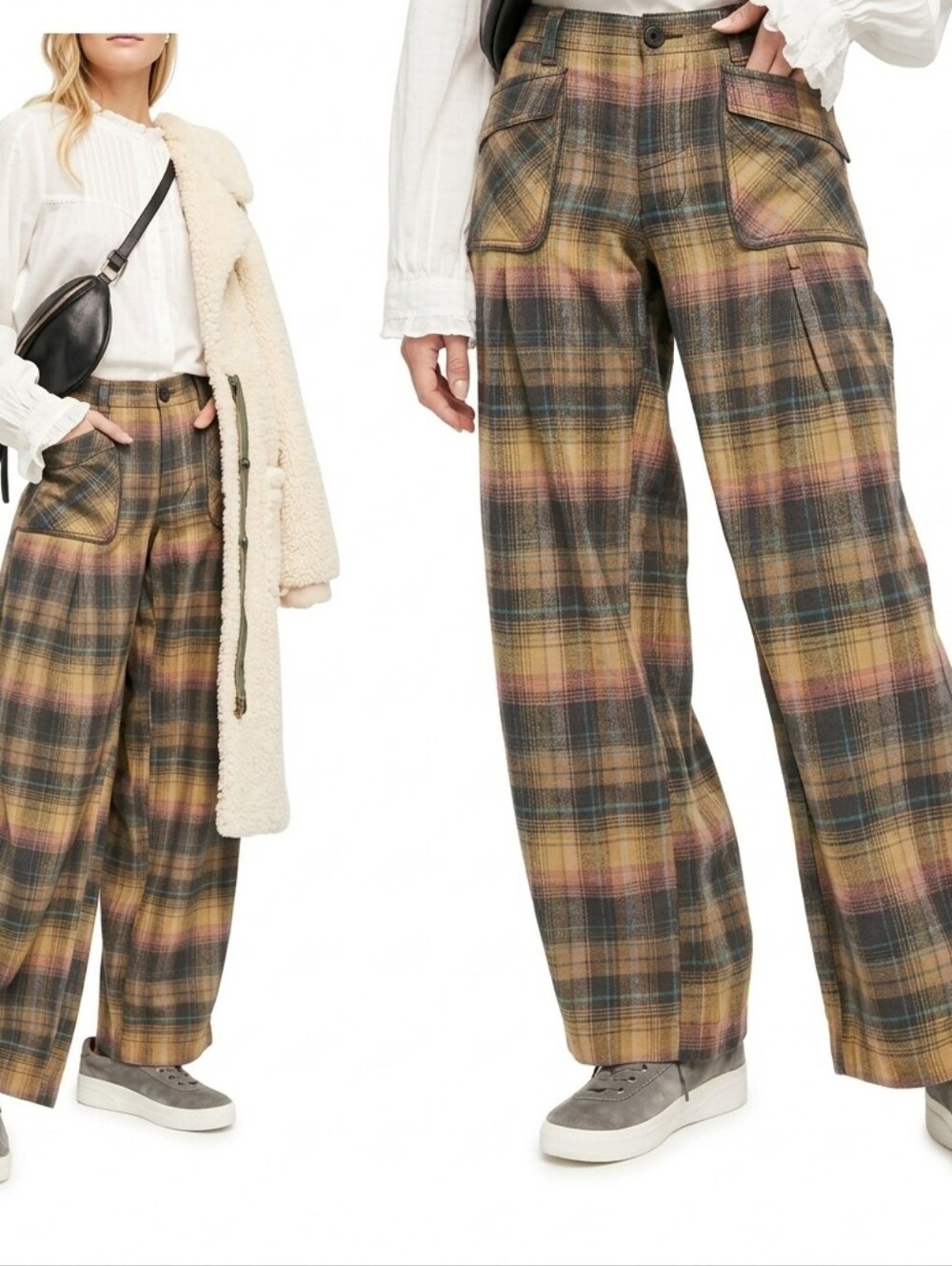 Free People 100% cotton moss mustard yellow green brown plaid baggy pants size 6
